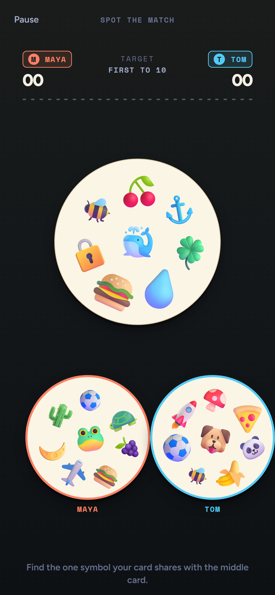 Spot the Match game screen in the Seatmate app — a round card in the centre and two player cards with colourful symbols.