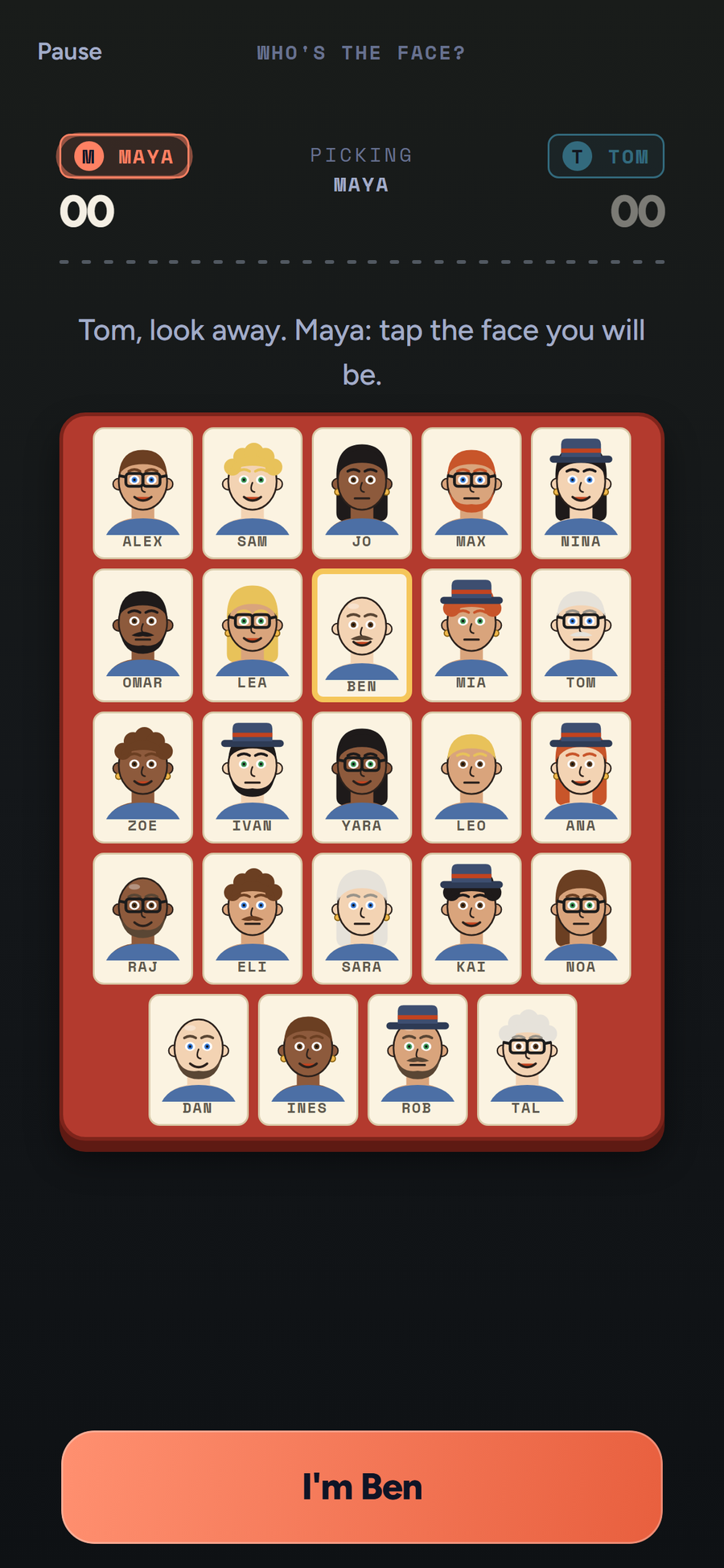 Red board of 24 illustrated face cards in the Who's the Face? game in the Seatmate app.